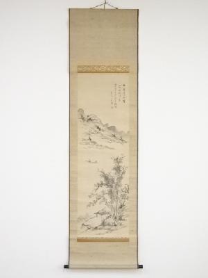 乙丑（1865年）　木下逸雲筆　八大山人方山水　肉筆絹本掛軸（保護箱）